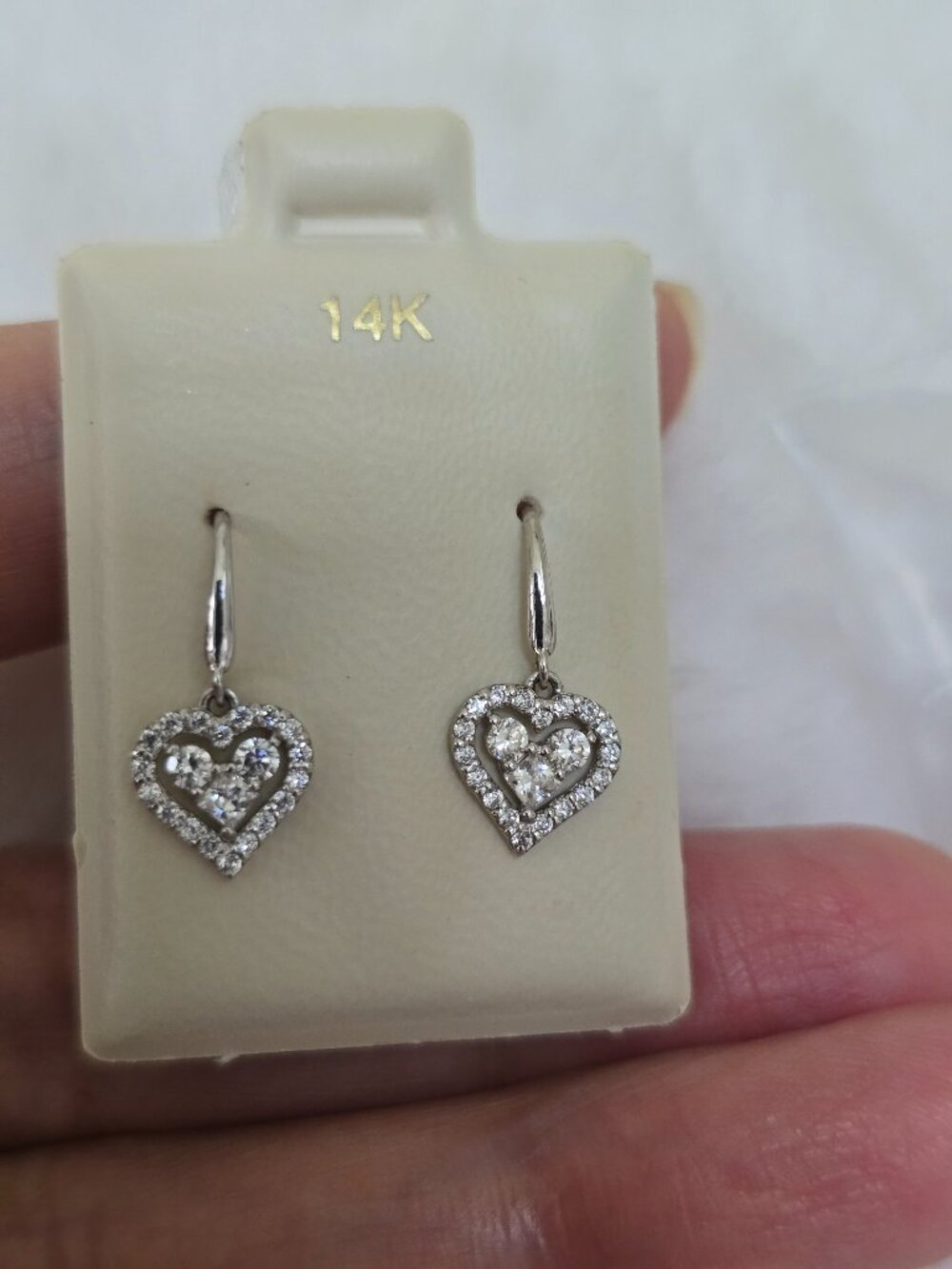 Solid 14k white gold Lab diamond halo heart hook dangle earrings